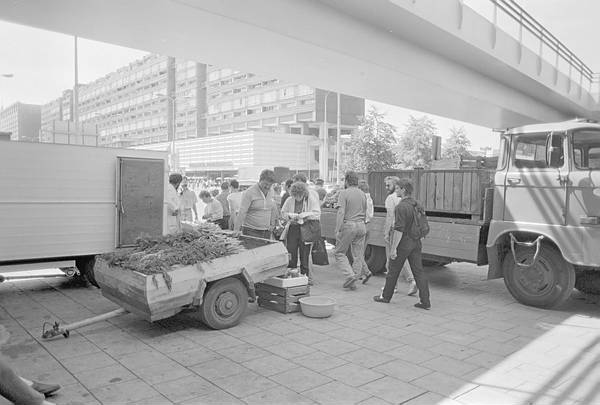 Juli 1990. Berlin. Berlin-Mitte. Alexanderplatz. Gem?kauf aus einem Anh?er.